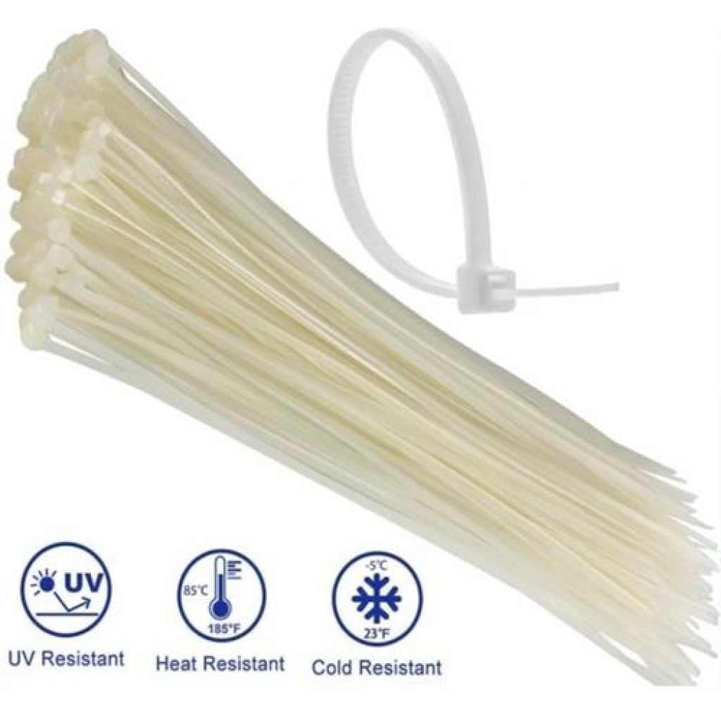 Noble 4.8 x 200mm Pack of 100 White Nylon Cable Ties