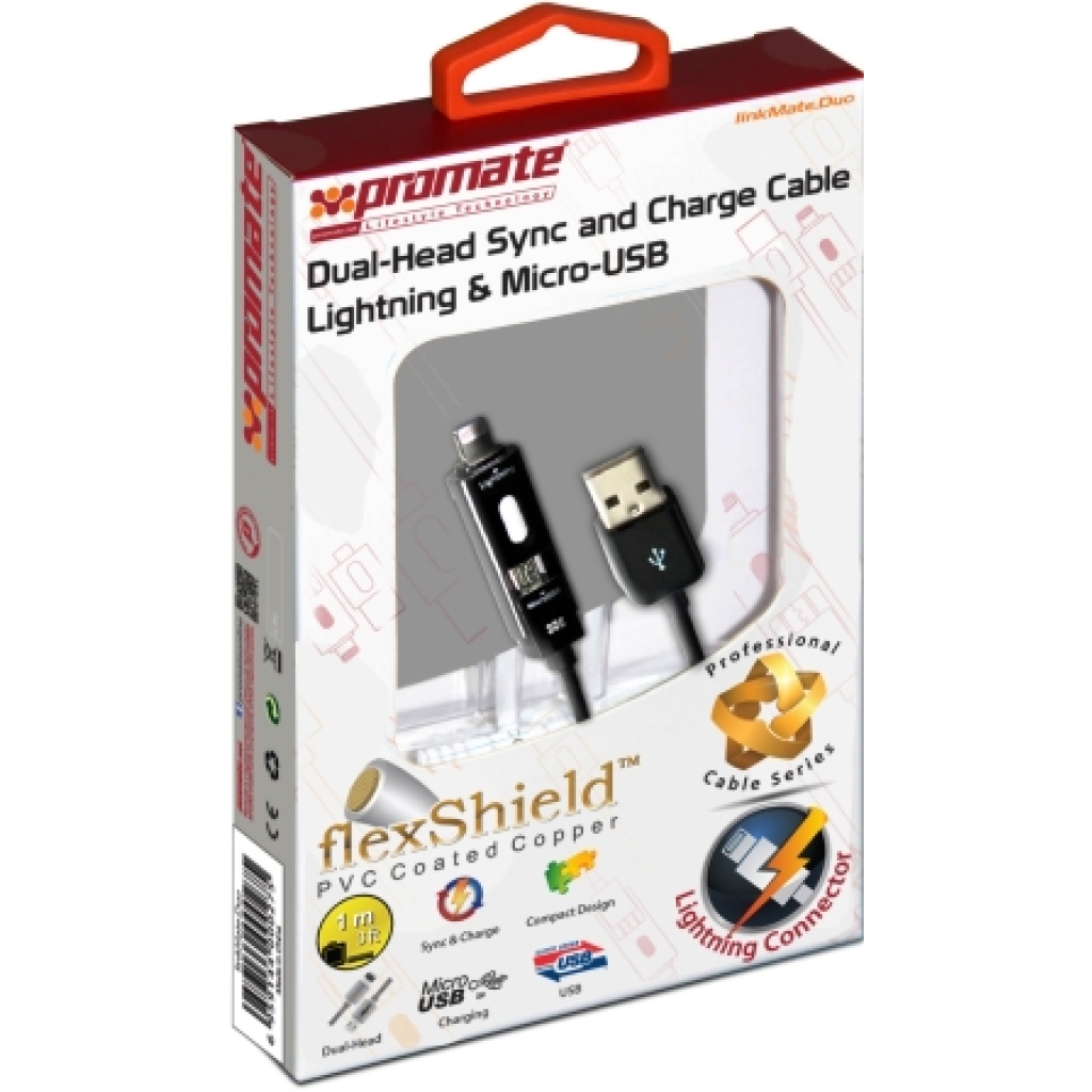Promate Black LinkmateDuo Dual-ended Charge and Sync cable