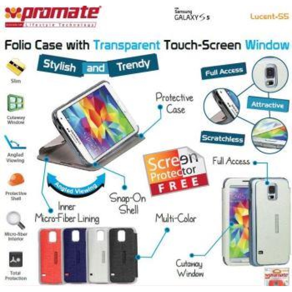 Promate Dark Blue Lucent S5 Bookcover with TouchScreen