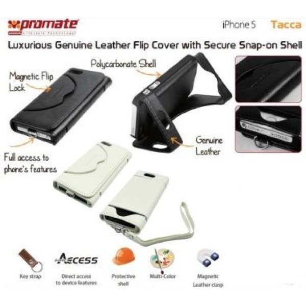 Promate White Tacca iPhone 5 Luxurious Genuine Leather Flip Cover